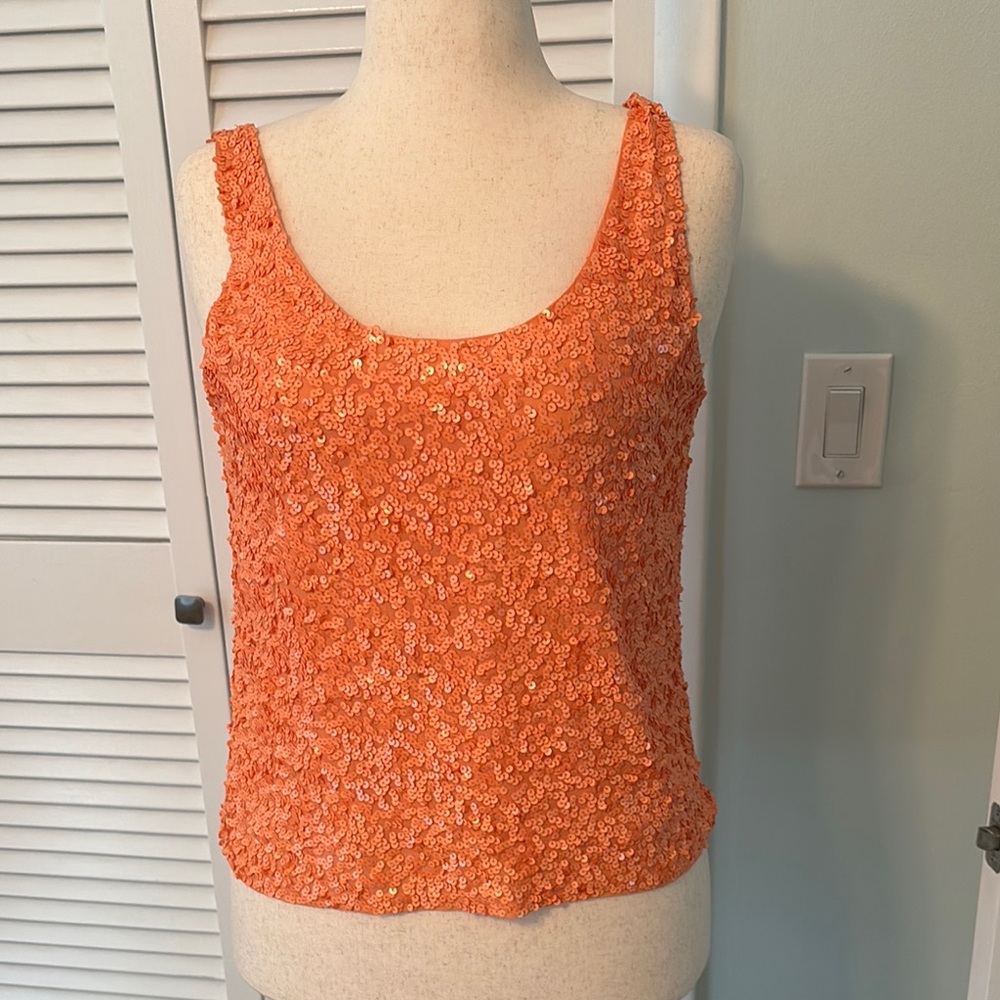 Alice + Olivia Orange Sequin Fitted Tank Top